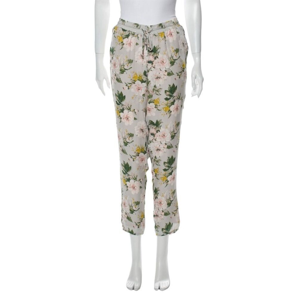 Joie Theron B Gray Women's Silk Crepe Ankle Pants Floral Elastic Waist‎ Size S